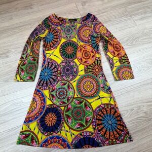 REBORN Mandala Print Long Sleeve A-Line Dress Women M Yellow Multicolor Retro